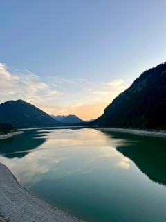Sylvenstein Reservoir, Sylvenstein Reservoir at low tide in the evening light, Isarwinkel, Upper