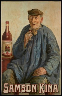 Advertising poster, beverage advertisement, advertising poster for Samson Kina depicting an elderly