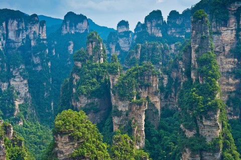 Panoramic view of the quartz sandstone pillars of the Tianzi Mountains in Zhangjiajie National