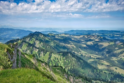 Alpine landscape with beautiful cloudscape on the Hachgrat summit in the Allgäu Alps, Oberstaufen
