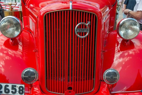 Volvo front on a 1940 model truck serving as a vintage fire truck in Ystad, Skåne County, Sweden,