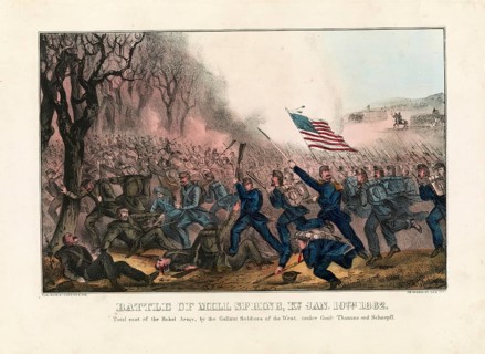 Colour lithograph of the Battle of Mill Springs, also known as the Battle of Fishing Creek, on 19