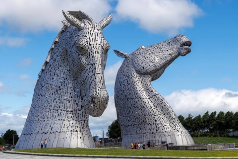The Kelpies, designed by Andy Scott, a pair of monumental, 30-metre-high steel horse-head