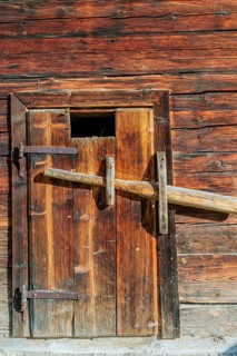Stable door. Traditional alpine hut on the Eng alp, Eng valley, Tyrol, Karwendel mountains, Austria