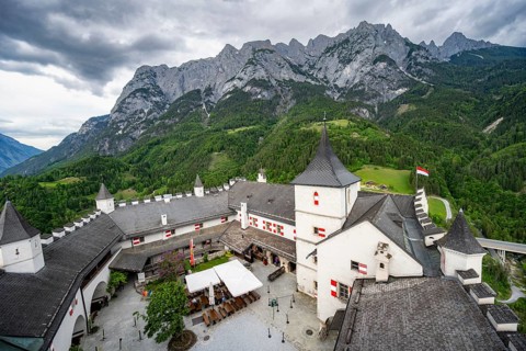 Castle with courtyard, mountain peaks of the Tennengebirge Mountains at the back, Hohenwerfen
