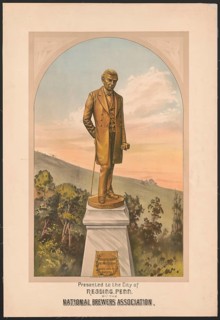 Advertising poster, beverage advertisement, poster depicting a memorial to Frederick Lauer, the