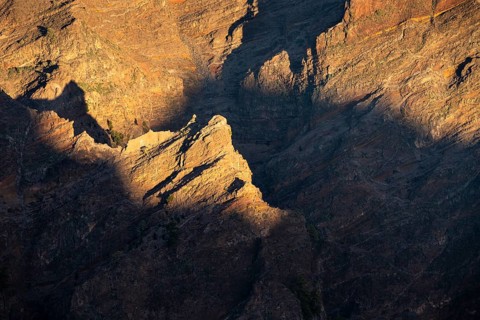 Rock walls in the Caldera de Taburiente. View from Roque de los Muchachos. evening light. La Palma,
