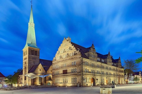 Wedding house St Nikolai church illuminates Hameln Germany