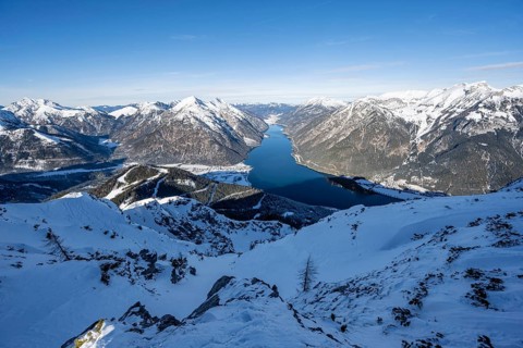 Scenic view of Lake Achensee and winter mountain scenery, Bärenkopf, Achensee, Tyrol, Austria