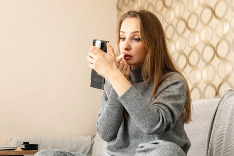A young Caucasian woman with long brown hair applies lipstick while looking in a handheld mirror at