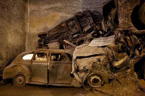 Rotten cars from the 1950s, car cemetery, Galleria Borbonica, Bourbon Gallery, Naples underground,
