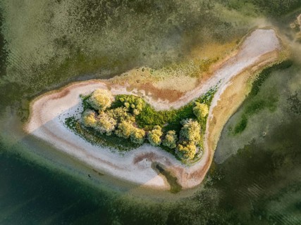 Aerial view, top-down view of Love Island, near the Mettnau peninsula at historic lows, low tide at