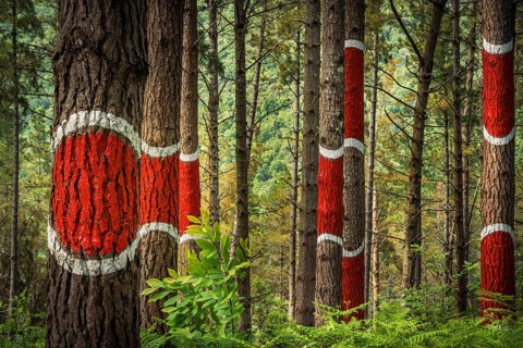 The painted forest Bosque de Oma, land art project in Kortezubi, Basque Country, Spain