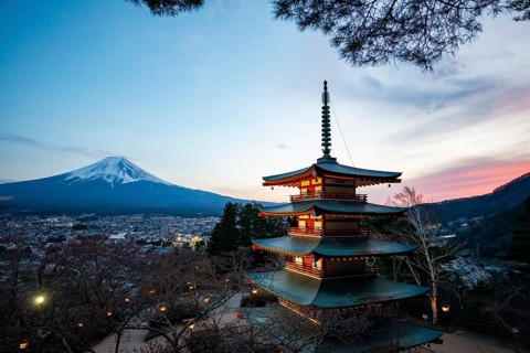 Five-story pagoda of a Shinto Shrine, Chureito Pagoda, with views of Fujiyoshida City and Mount