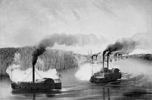 Lithograph of the Union gunboats USS Tyler and USS Lexington supporting troops during the American