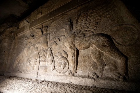 Remains of the façade of ancient Propylon from Roman times in the Campanile, San Giusto Martire