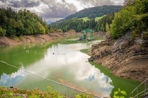 Green lake surrounded by forests with buoys, dramatically cloudy sky, Krumbach, Vorarlberg, Austria