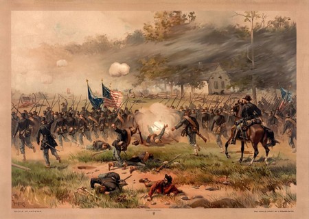 Color lithograph by Thure de Thulstrup from 1887 depicts the advance of Union infantry near Dunker