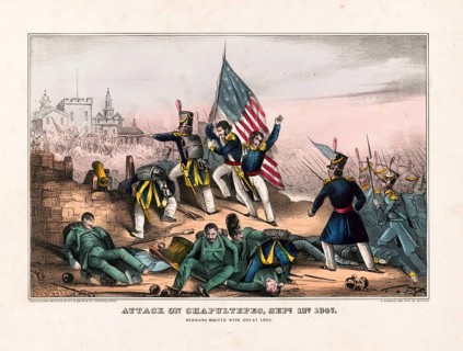 Lithograph depicts the storming of Chapultepec Castle on September 13, 1847 during the