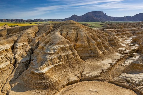 Rock formation caused by erosion in the morning light in the Bardenas Reales Natural Park, Navarra,