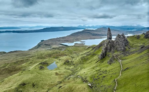 Aerial photo of the wild and rocky landscape at the Old man of Storr on the Isle of Skye, Scotland,