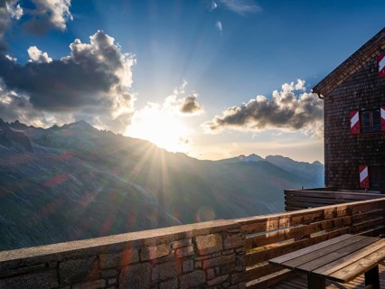 Sun shines on the terrace of the Kürsinger Hütte, Venice Group, Hohe Tauern National Park, Province