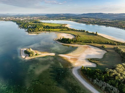 Aerial view of the Mettnau peninsula near Radolfzell on Lake Constance at historic lows, low tide