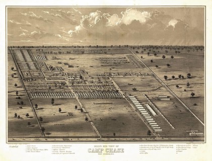 A bird's-eye view of Camp Chase near Columbus, Ohio, from the 1860s. During the American Civil War