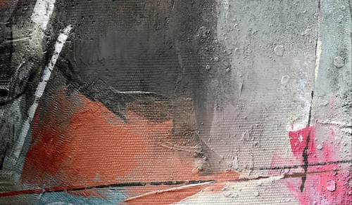 A professional abstract painting fragment featuring heavy textures, neutral grey tones, and vibrant