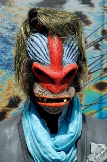 Mannequin with a baboon mask on her head in a fashion store, Nuremberg, Middle Franconia, Bavaria,