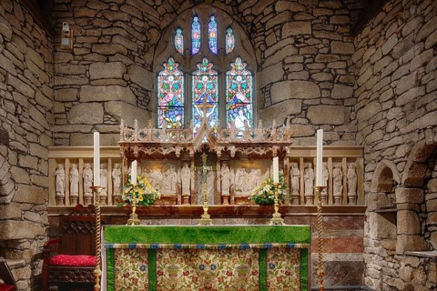 Interior view, altar, church window, parish church St Just in Penwith, Cornwall, England, Great