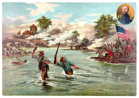Colonel Frederick Funston with volunteers from the 20th Kansas Regiment crossing the river during