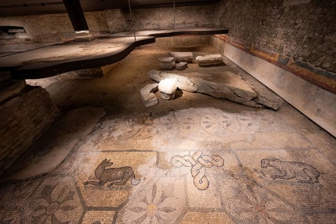 Mosaic with geometric pattern and depiction of animals, North Hall, Basilica di Santa Maria