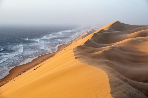 Sand dunes and sea in evening light, wind blowing sand across the dunes, view of the Atlantic coast