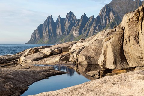 Scenic view of Tungeneset viewpoint and Okshornan Mountains on Senja Island, NorwayScenic view of
