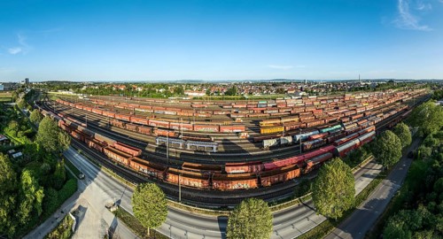 Aerial view of a busy railroad container terminal and marshalling yard, Stuttgart-Kornwestheim,