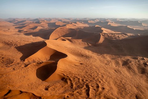 Aerial view, evening mood, red sand dunes of the Namib Desert, Namib Naukluft Park, Namibia