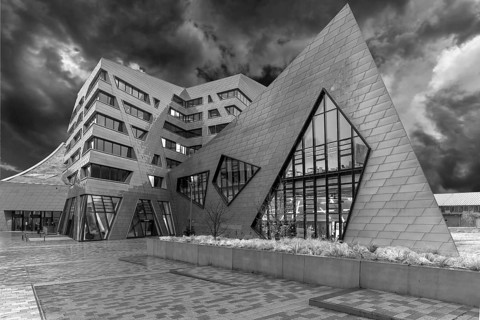 Modern university building by American architect Daniel Liebeskind, black and white, Lüneburg,