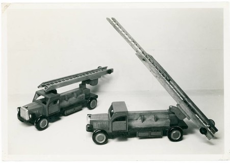 GDR, consumption, metal toys, fire department, children, two toy trucks with ladders, made of wood