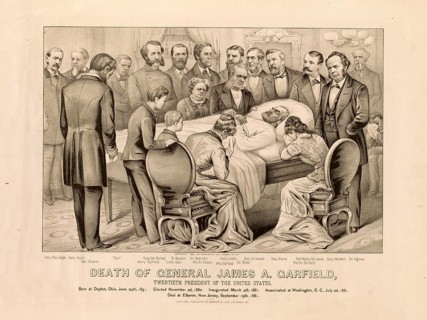 Death of James A. Garfield, 20th President of the United States, on his deathbed surrounded by his