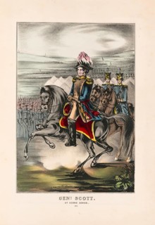General Winfield Scott in military uniform with a distinctive plumed hat on horseback. The Battle