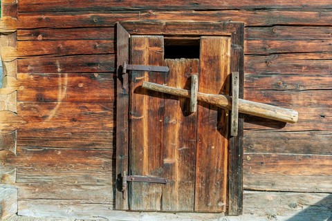 Stable door. Traditional alpine hut on the Eng alp, Eng valley, Tyrol, Karwendel mountains, Austria