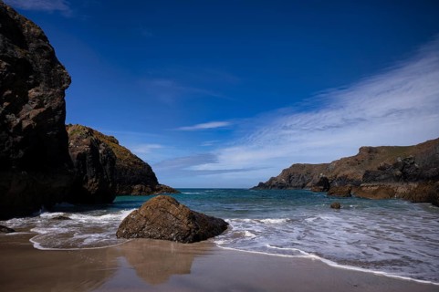 Coastal landscape, coast, rock formations, rocks, sandy beach, beach, sea, Kynance Cove, Mount's