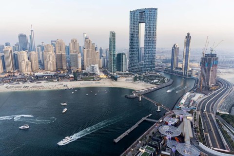 Dubai skyline on Bluewaters Island with JBR Beach and Dubai Marina from above in Dubai, United Arab