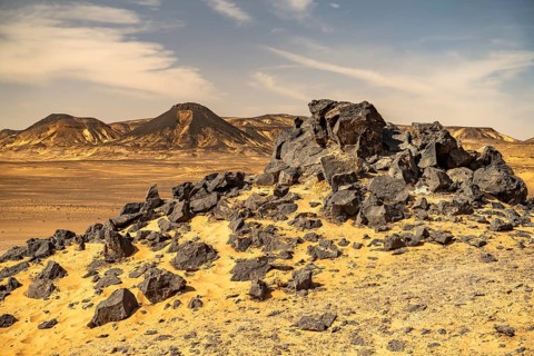 Black Desert landscape in the Egyptian part of the Libyan Desert, Egypt