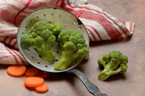 Broccoli in sieve trowel and carrot slices, Brassica oleracea var. italica
