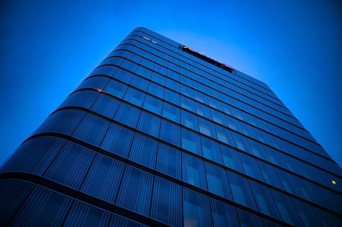 Night view, Porsche Design Tower, Pragsattel, blue hour, Stuttgart, Baden-Württemberg, Germany