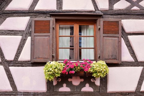 Half-timbered house house, window with shutters, Turckheim, Haut-Rhin, Alsace, Grand Est, France