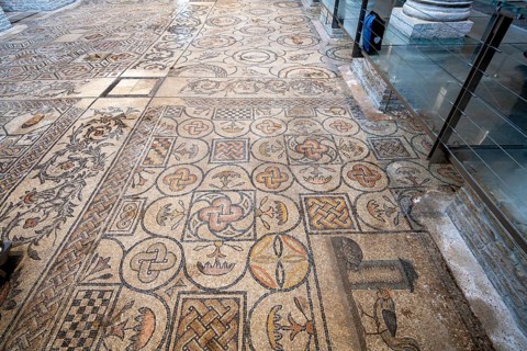 Detailed floor mosaic with geometric patterns and depictions of rooster and turtle, Basilica di