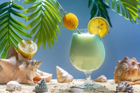 Exotic drink with lemon and straw surrounded by mussels and palm leaves